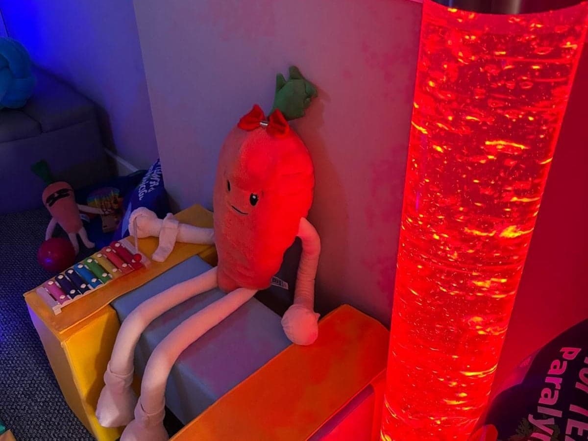 A corner of the sensory room, with a red bubble tube, soft play blocks and a xylophone.