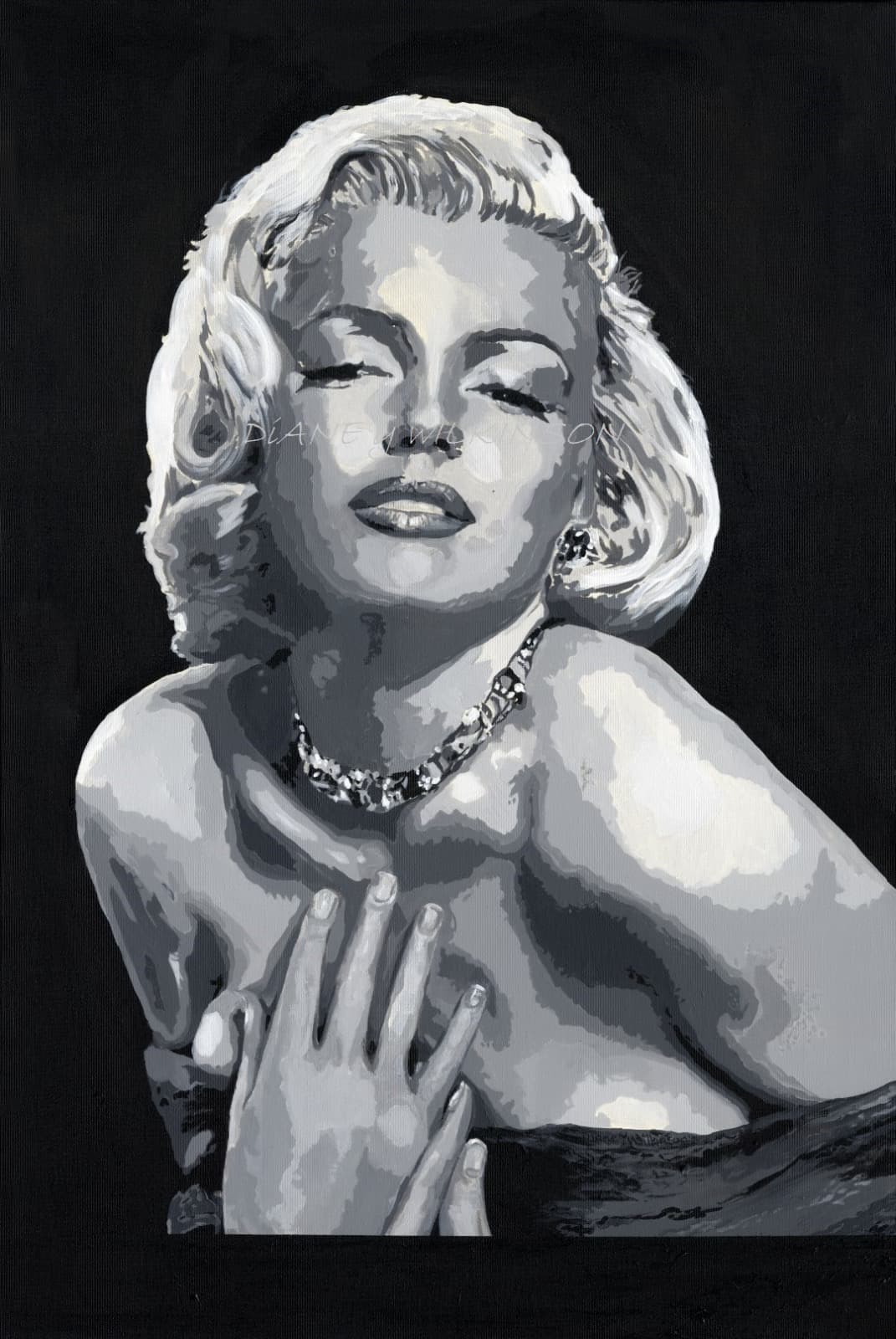 A black and white portrait of Marilyn Monroe, painted by Diane Y Wilkinson.