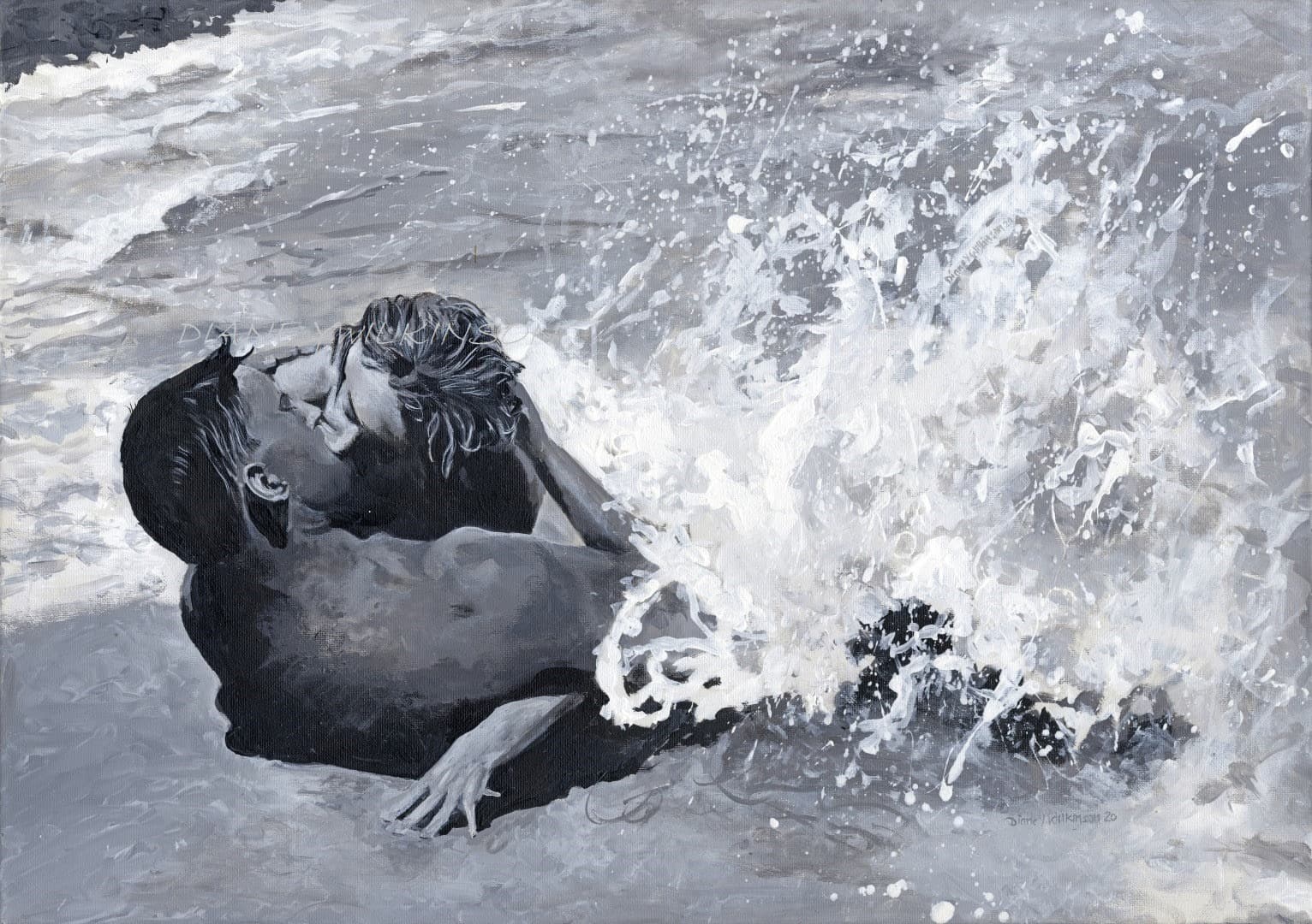 A painting by Diane Y Wilkinson of two people embracing in breaking surf, in black and white.