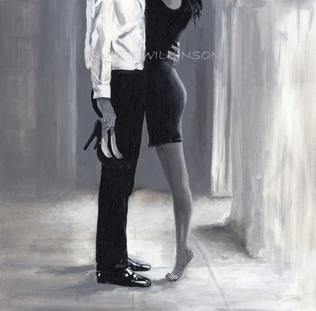 A painting by Diane Y Wilkinson of a couple standing close, the woman barefoot and holding her heels.