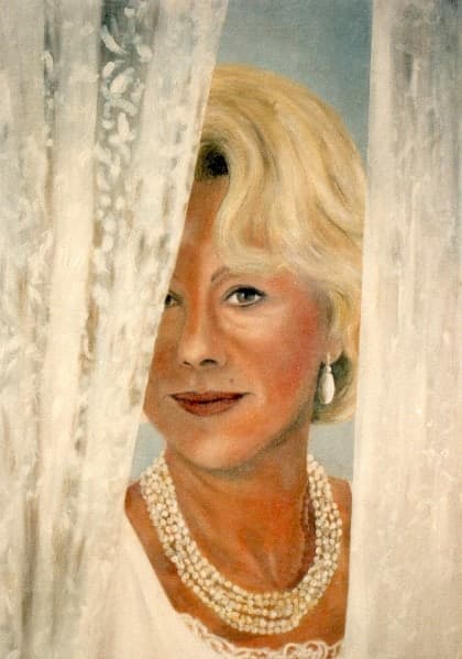 Diane Y Wilkinson's painted portrait of Dame Helen Mirren, looking through a gap in white net curtains and wearing several strands of pearls.