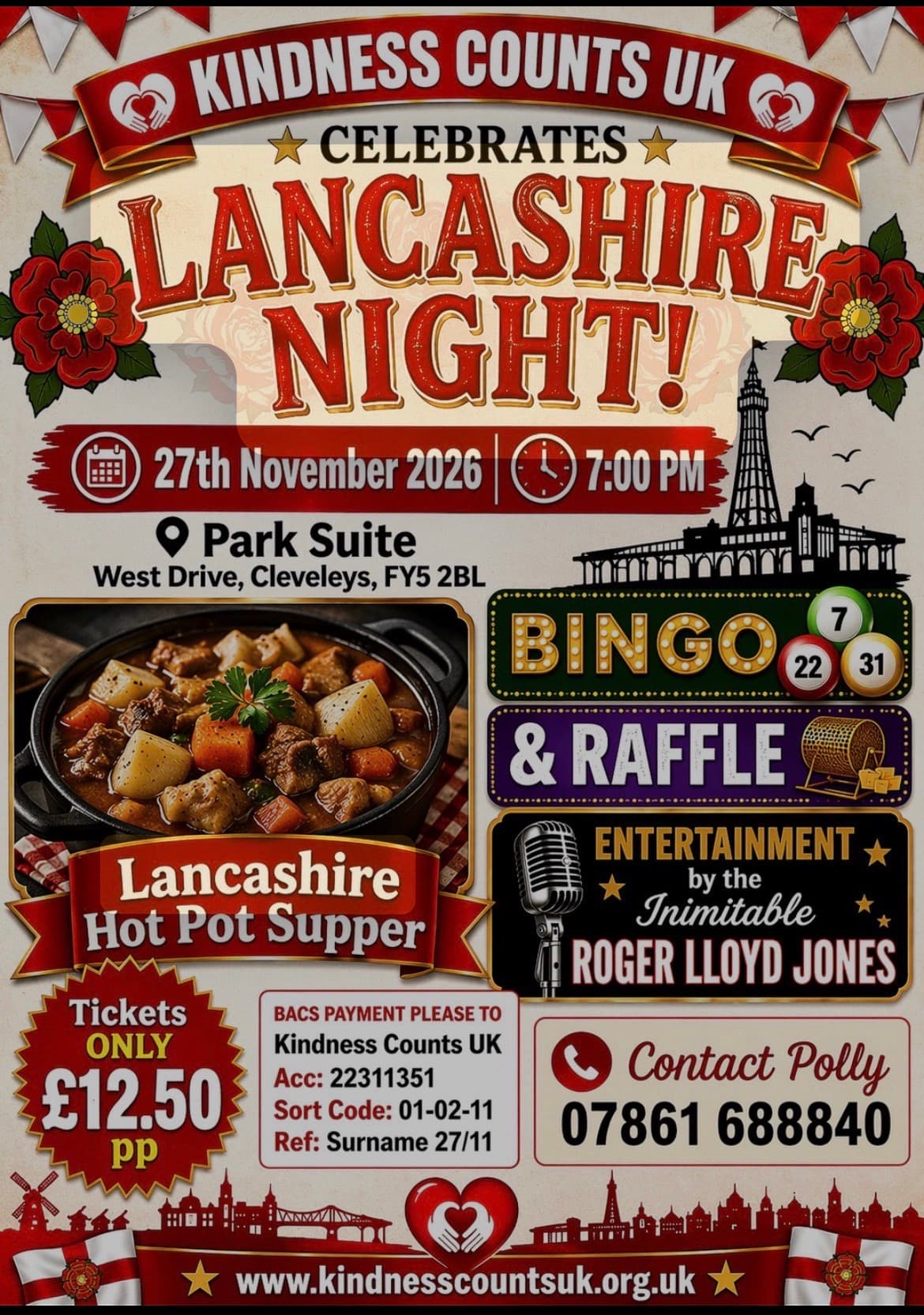 Poster: Kindness Counts UK celebrates Lancashire Night, 27 November 2026 at 7pm, Park Suite, West Drive, Cleveleys. Lancashire hot pot supper, bingo, raffle and entertainment. Tickets £12.50 per person.