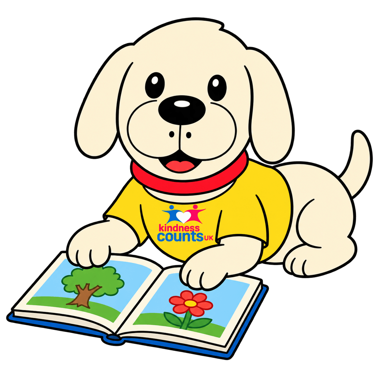 Nic the mascot dog lying beside an open picture book.