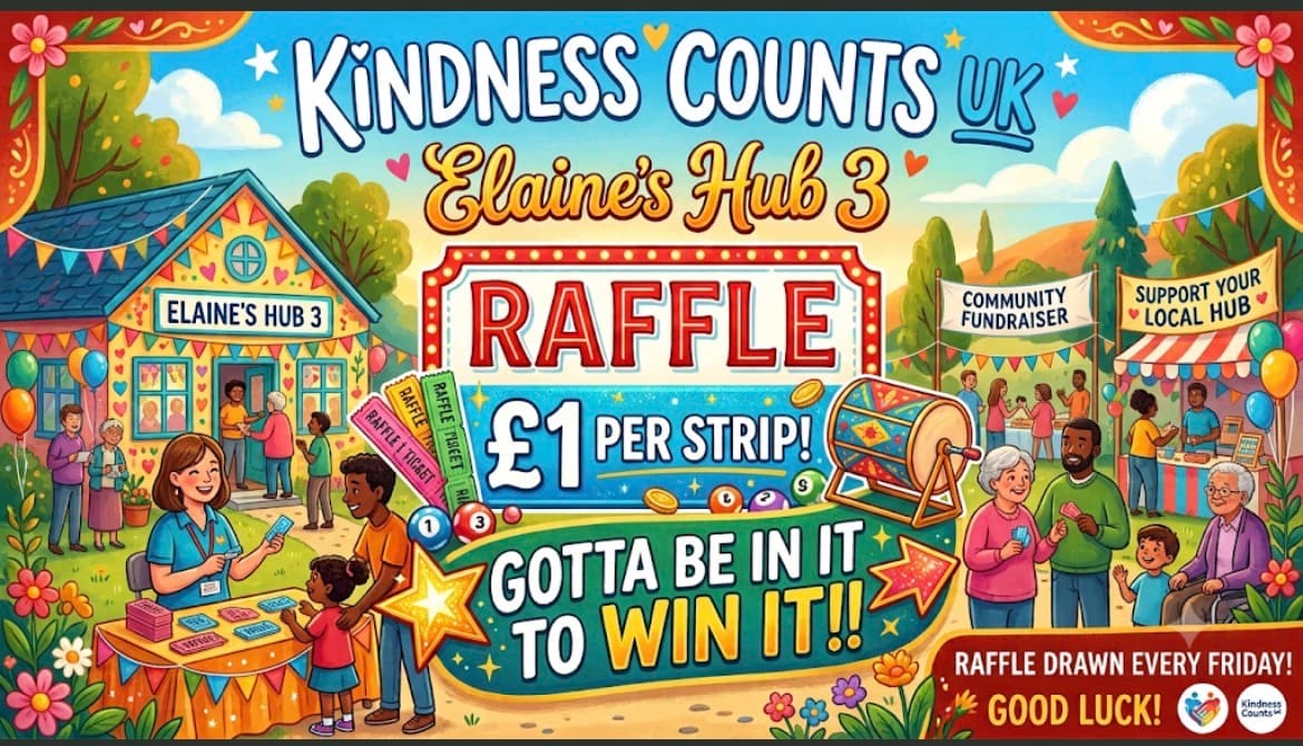 Poster: Elaine's Hub 3 raffle, £1 per strip, drawn every Friday. A community fundraiser supporting your local hub.