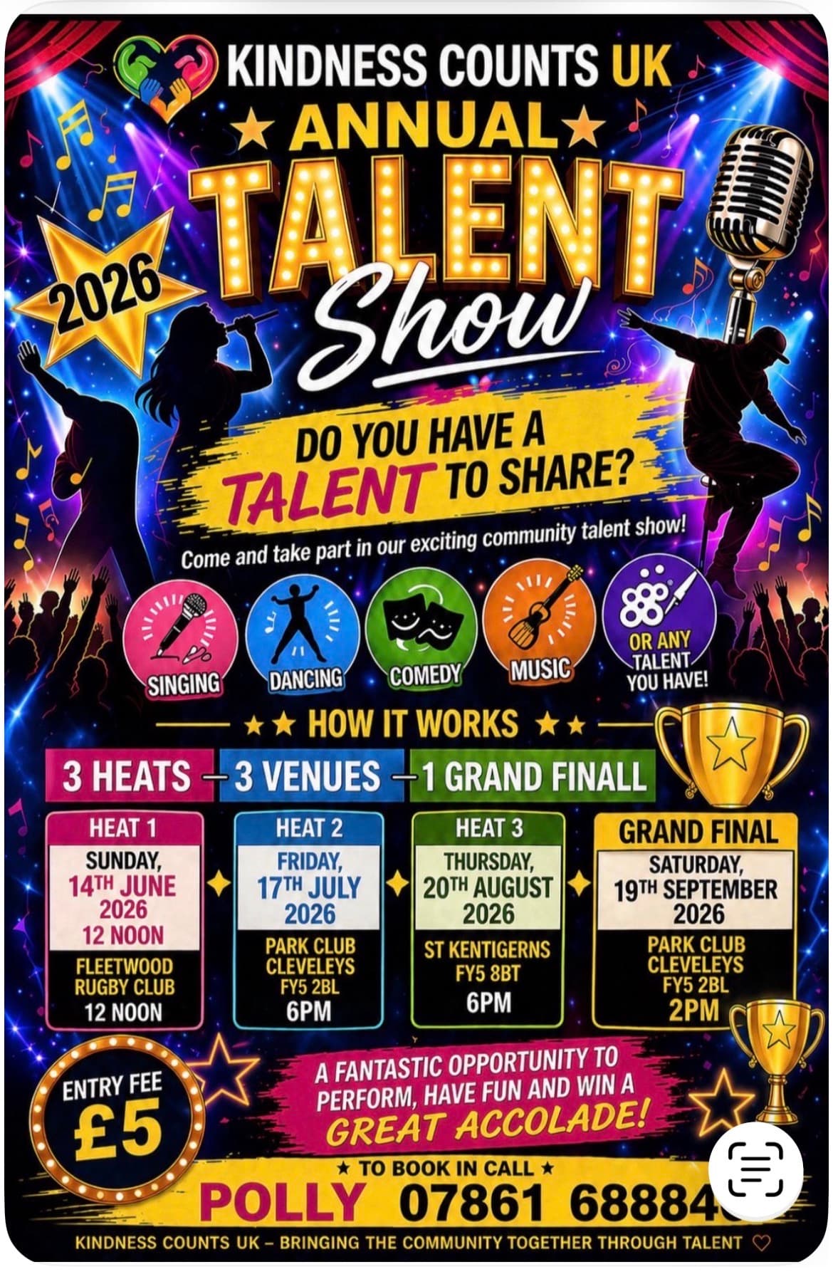 Poster: Kindness Counts UK Annual Talent Show 2026. Three heats and a grand final at Park Club, Cleveleys on Saturday 19 September at 2pm. £5 entry fee.