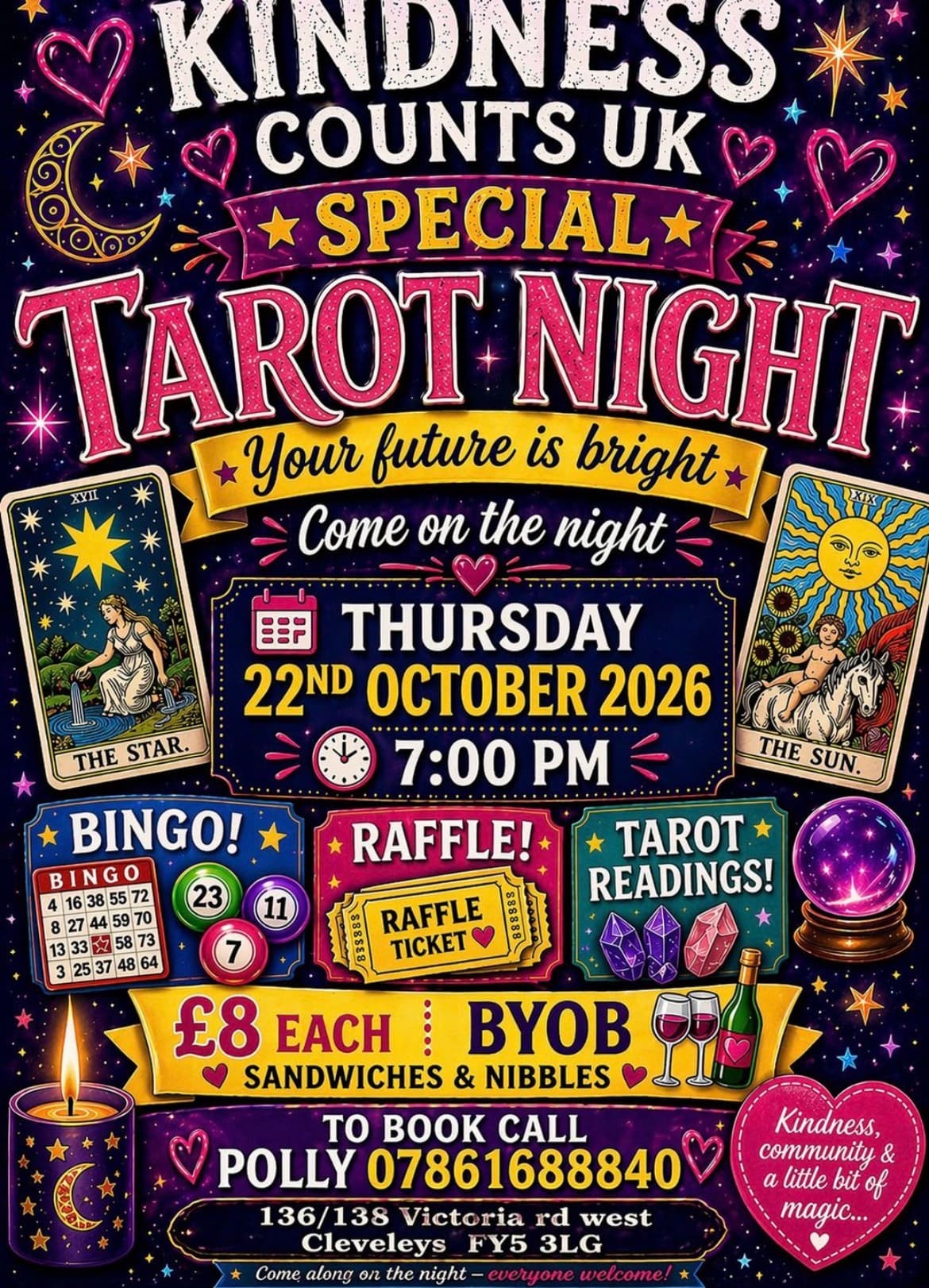 Poster: Kindness Counts UK Special Tarot Night, Thursday 22 October 2026 at 7pm. Bingo, raffle and tarot readings. £8 each, bring your own bottle, sandwiches and nibbles.